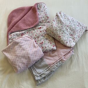 3 Piece Baby Girl Crib Bedding Set Birds Pink Lavender Floral & Carrier Cover